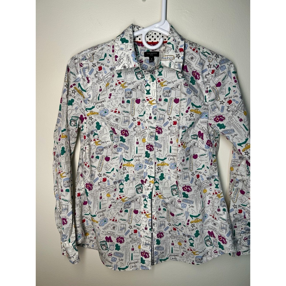 Talbots Graphic Button-Up Shirt White Multicolor Cotton doodle print petite